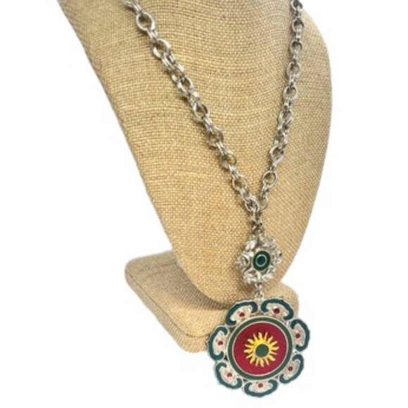 VINTAGE CAPRI STATEMENT NECKLACE SUN MEDALLION GREEK REVIVAL ENAMEL CHUNKY 70S - Picture 2 of 13